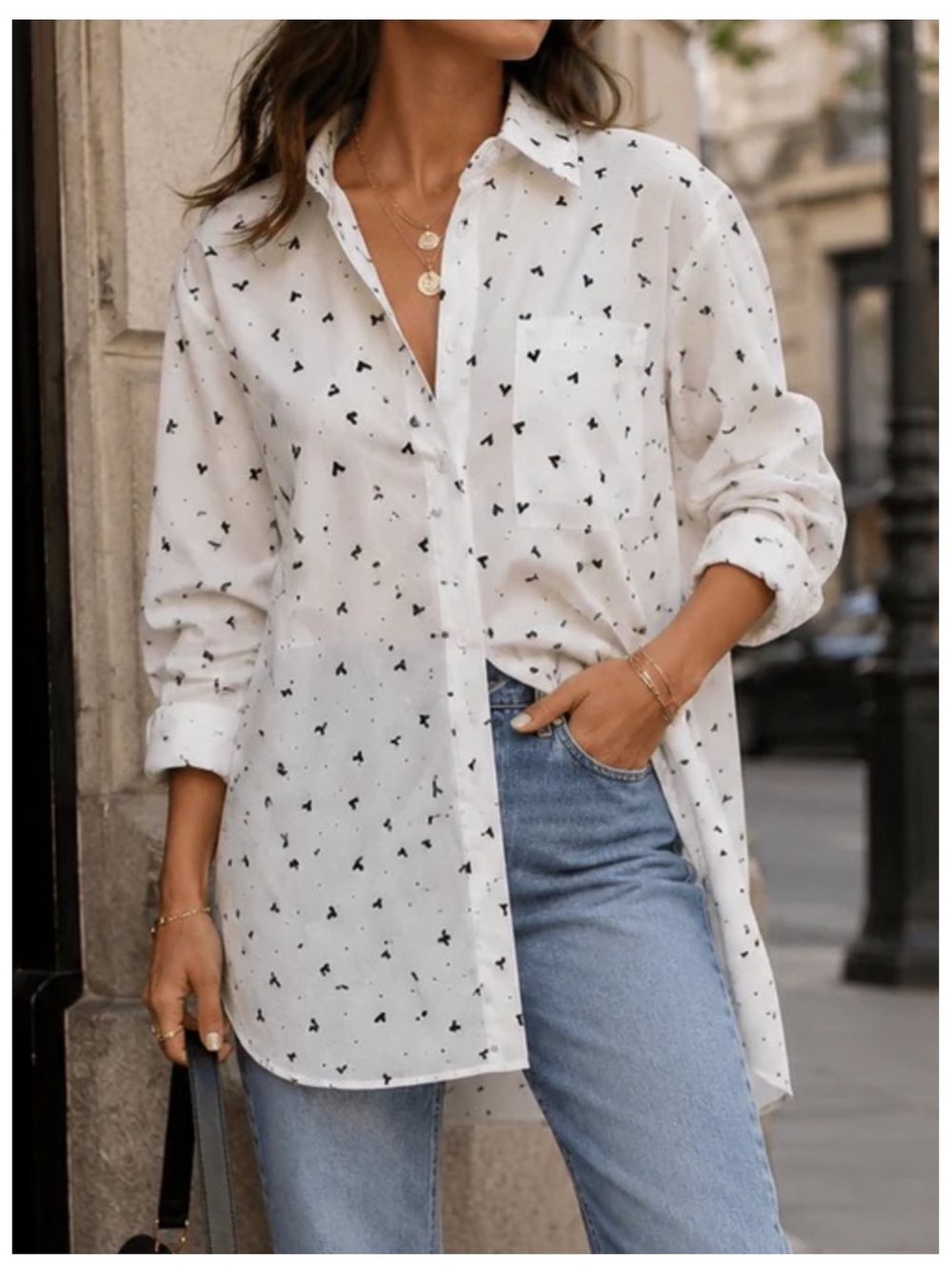 🟠NWT WHITE BIRCH Oversized Button-Up Long Sleeve Shirt in White w/Black Hearts